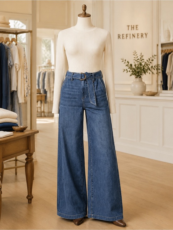 PAIGE Denim - Paige Cameron altitude High-Waist Wide Leg Blue Denim Jeans Self-Tie Belt 31/33